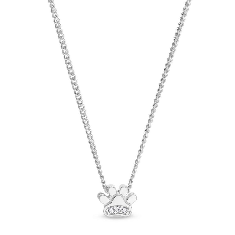 Platinum finish sterling silver paw pendant with simulated diamonds on 18 chain