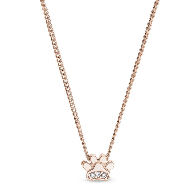 Rose gold finish finish sterling silver paw pendant with simulated diamonds on 18 chain