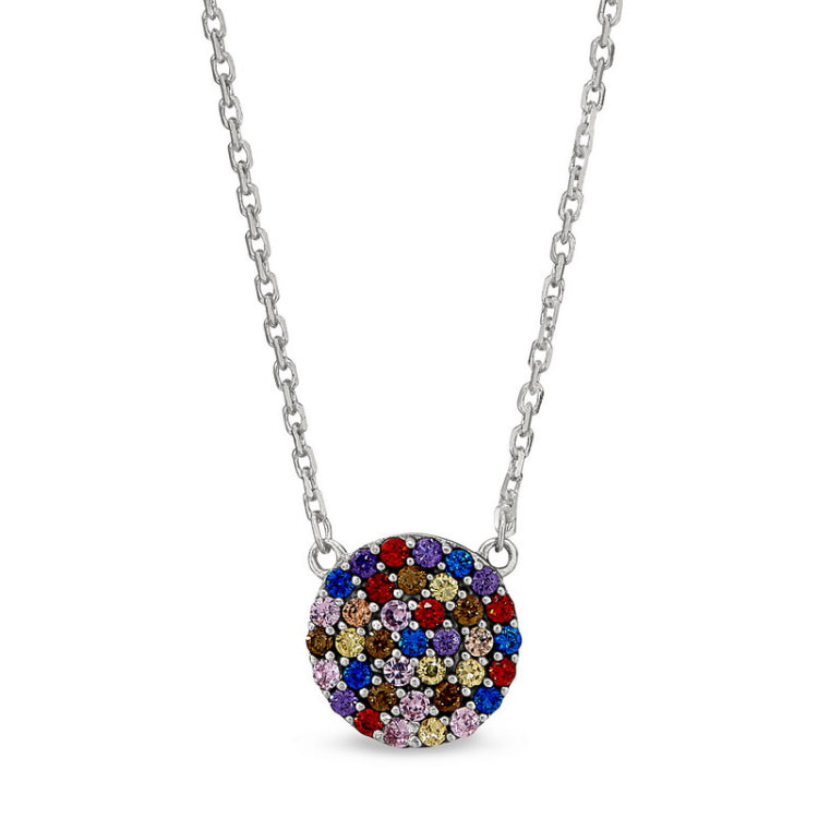 Platinum finish sterling silver micropave small circle necklace with multicolored simulated diamonds on 16-18 adjustable cab