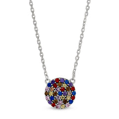 Platinum finish sterling silver micropave small circle necklace with multicolored simulated diamonds on 16-18 adjustable cab