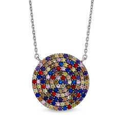 Platinum finish sterling silver micropave big circle necklace with multicolored simulated diamonds on 16-18 adjustable cable