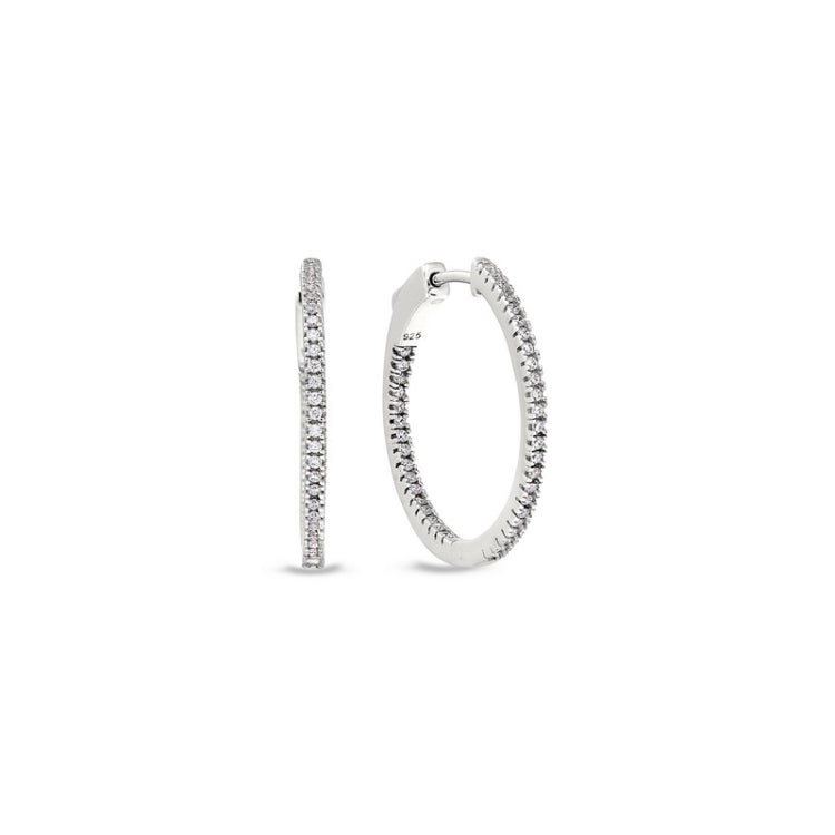 Platinum finish sterling silver micropave inside out medium hoop earrings with simulated diamonds