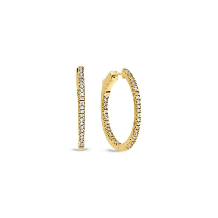 Gold finish sterling silver micropave inside out medium hoop earrings with simulated diamonds
