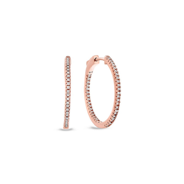 Rose gold finish sterling silver micropave inside out medium hoop earrings with simulated diamonds