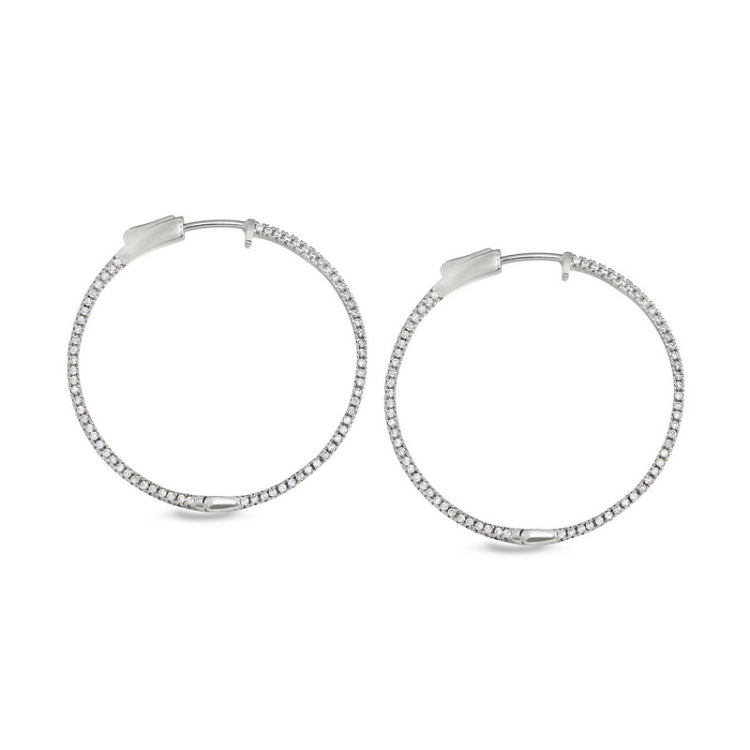 Platinum finish sterling silver micropave side stones large hoop earrings with simulated diamonds