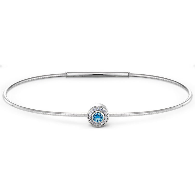 Platinum Finish Sterling Silver Round Simulated Blue Topaz Birth Gem Bracelet 