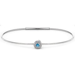 Platinum Finish Sterling Silver Round Simulated Blue Topaz Birth Gem Bracelet 