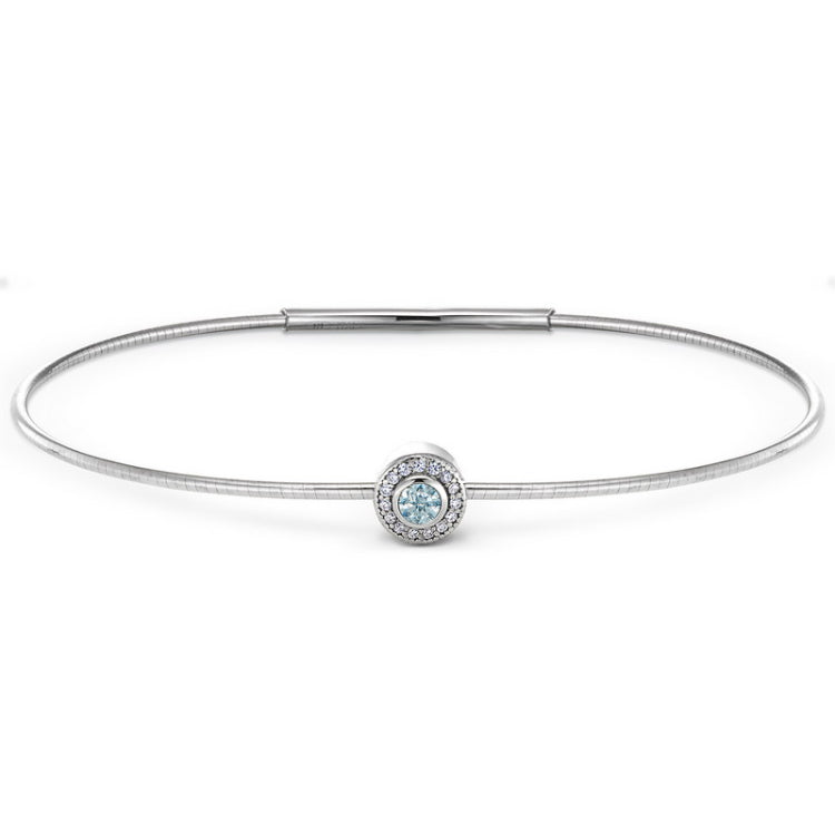 Platinum Finish Sterling Silver Round Simulated Aquamarine Birth Gem Bracelet 