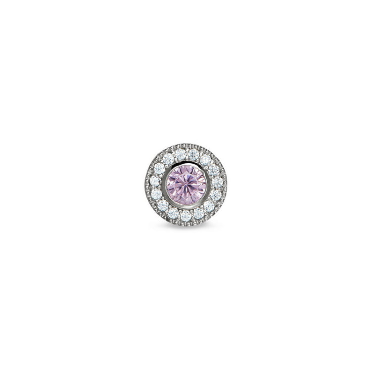 Platinum Finish Sterling Silver Micropave Round Simulated Pink Sapphire/October Birthstone Charm 