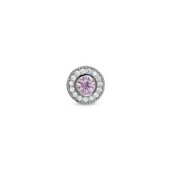 Platinum Finish Sterling Silver Micropave Round Simulated Pink Sapphire/October Birthstone Charm 