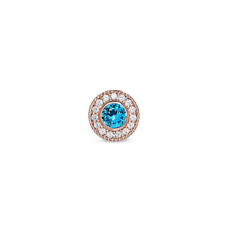 Rose Gold Finish Sterling Silver Micropave Round Simulated Blue Topaz/December Birthstone Charm 