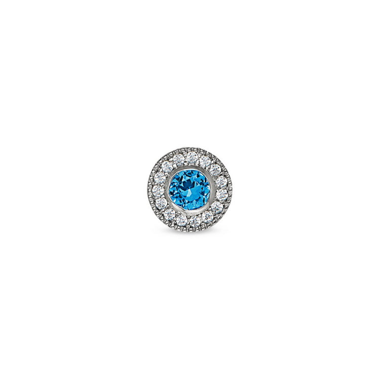 Platinum Finish Sterling Silver Micropave Round Simulated Blue Topaz/December Birthstone Charm 