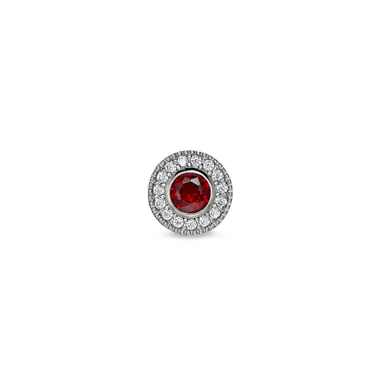 Platinum Finish Sterling Silver Micropave Round Simulated Garnet/January Birthstone Charm 