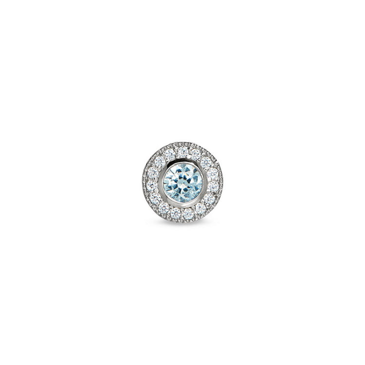 Platinum Finish Sterling Silver Micropave Round Simulated Aquamarine/March Birthstone Charm 