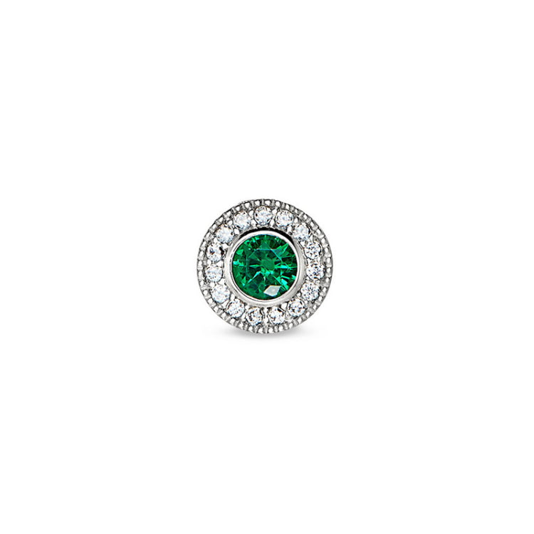 Platinum Finish Sterling Silver Micropave Round Simulated Emerald/May Birthstone Charm 