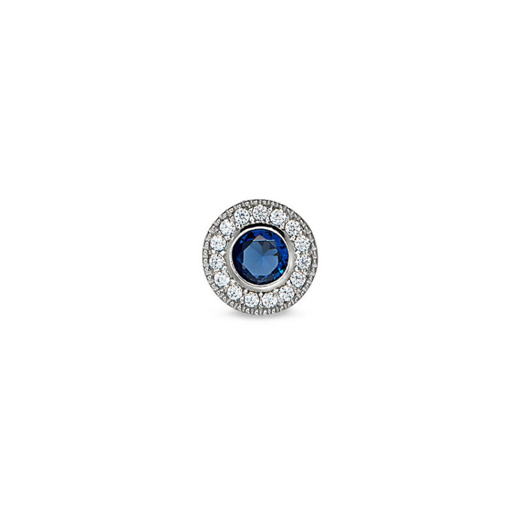 Platinum Finish Sterling Silver Micropave Round Simulated Sapphire/September Birthstone Charm 