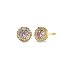 Gold finish sterling silver micropave round simulated pink sapphire earrings with simulated diamonds