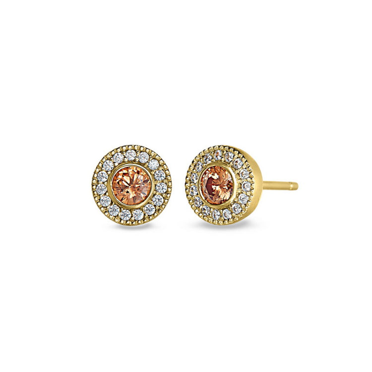 Gold finish sterling silver micropave round simulated citrine earrings with simulated diamonds
