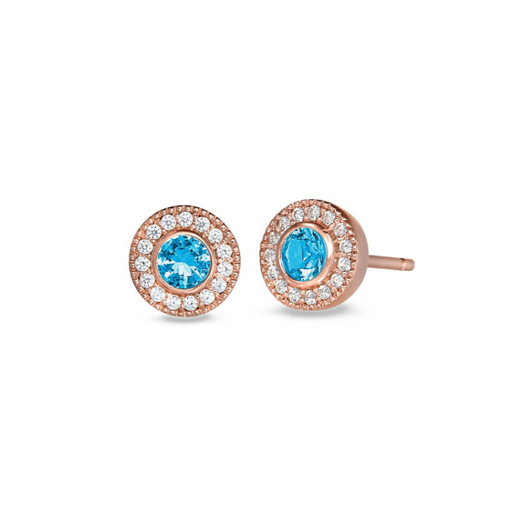 Rose gold finish sterling silver micropave round simulated blue topaz earrings with simulated diamonds