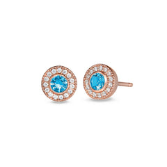 Rose gold finish sterling silver micropave round simulated blue topaz earrings with simulated diamonds