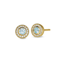 Gold finish sterling silver micropave round simulated aquamarine earrings with simulated diamonds
