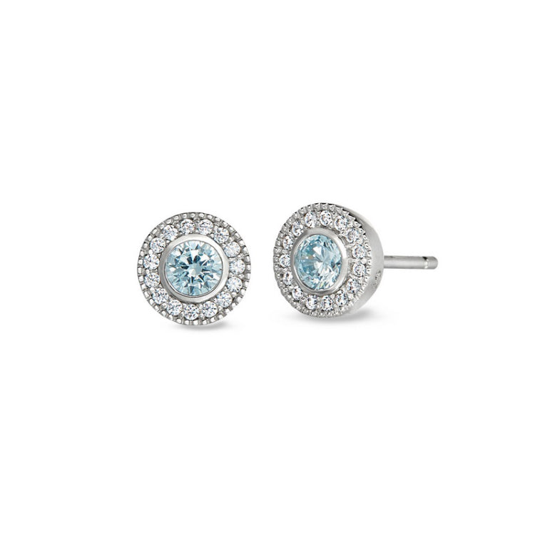 Sterling Silver Micropave Round Simulated Aquamarine/March Birthstone EarBirthstone Rings 