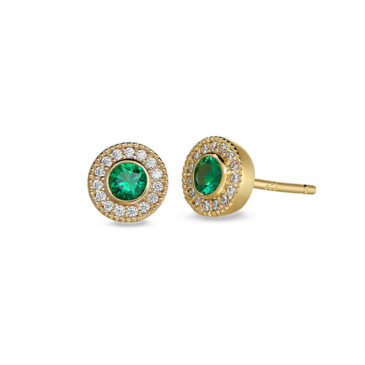 Gold finish sterling silver micropave round simulated emerald earrings with simulated diamonds