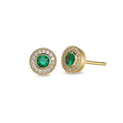 Gold finish sterling silver micropave round simulated emerald earrings with simulated diamonds