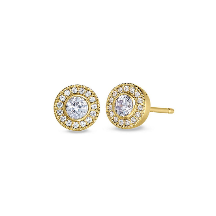 Gold finish sterling silver micropave round simulated light amethyst earrings with simulated diamonds