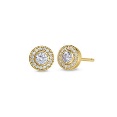 Gold finish sterling silver micropave round simulated light amethyst earrings with simulated diamonds