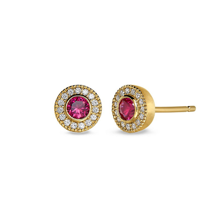 Gold finish sterling silver micropave round simulated ruby earrings with simulated diamonds
