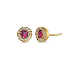 Gold finish sterling silver micropave round simulated ruby earrings with simulated diamonds
