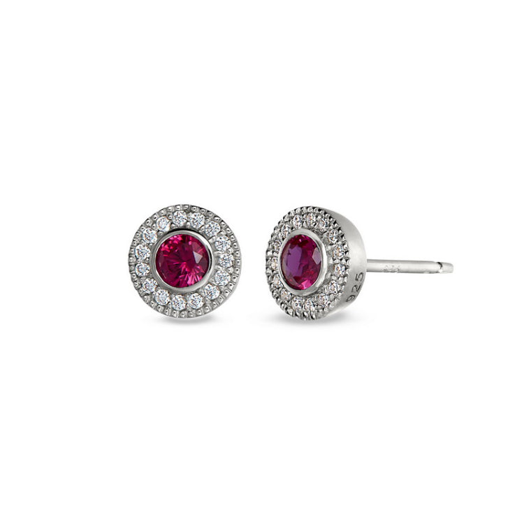 Platinum Finish Sterling Silver Micropave Round Simulated Ruby/July Birthstone EarBirthstone Rings 