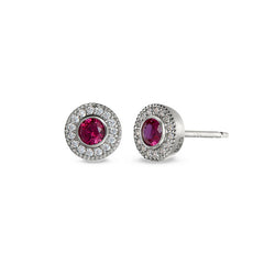 Platinum Finish Sterling Silver Micropave Round Simulated Ruby/July Birthstone EarBirthstone Rings 
