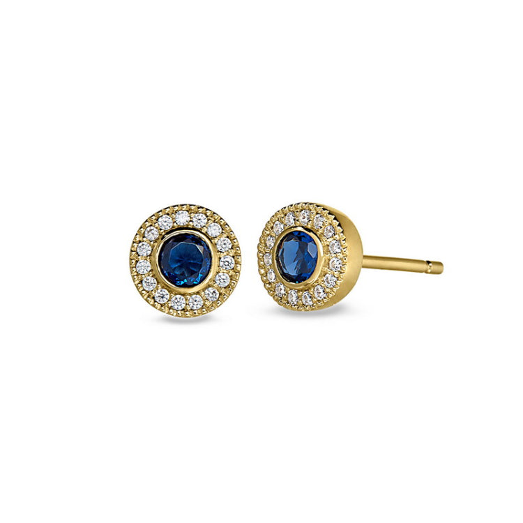 Gold finish sterling silver micropave round simulated sapphire earrings with simulated diamonds