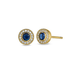 Gold finish sterling silver micropave round simulated sapphire earrings with simulated diamonds