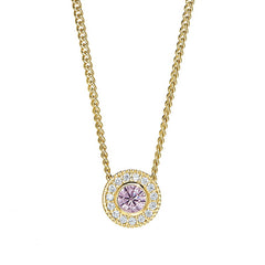 Gold micropave round simulated pink sapphire birth gem pendant with simulated diamonds on 18 curb chain