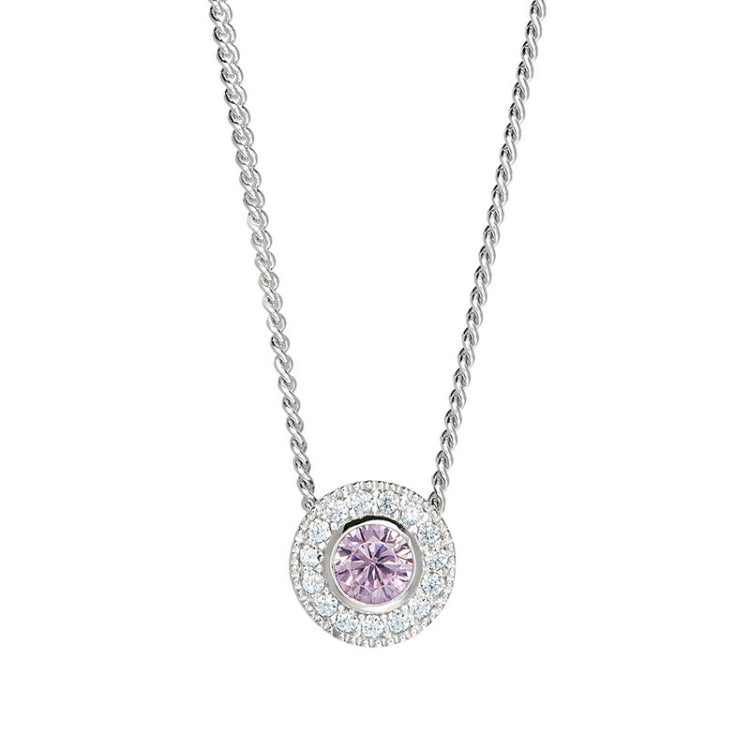 Platinum Finish Sterling Silver Round Simulated Pink Sapphire Birth Gem Pendant  on 18" Curb Chain
