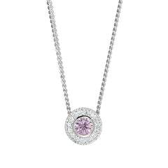 Platinum Finish Sterling Silver Round Simulated Pink Sapphire Birth Gem Pendant  on 18" Curb Chain