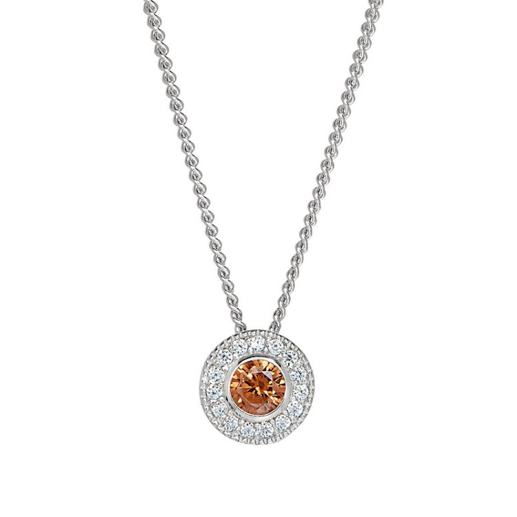 Platinum Finish Sterling Silver Round Simulated Citrine Birth Gem Pendant  on 18" Curb Chain