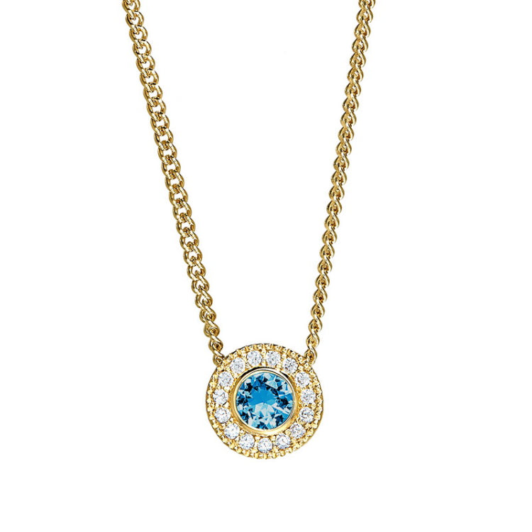 Gold micropave round simulated blue topaz birth gem pendant with simulated diamonds on 18 curb chain