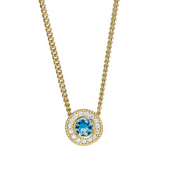 Gold micropave round simulated blue topaz birth gem pendant with simulated diamonds on 18 curb chain