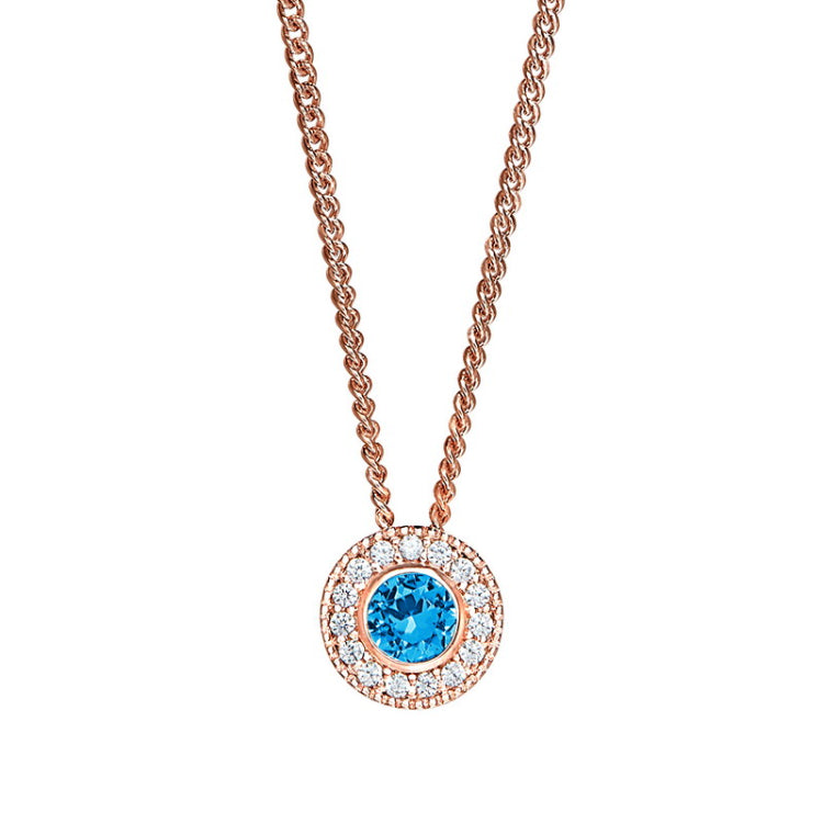Rose gold micropave round simulated blue topaz birth gem pendant with simulated diamonds on 18 curb chain