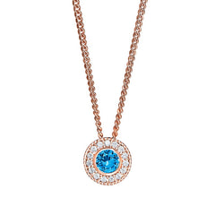 Rose gold micropave round simulated blue topaz birth gem pendant with simulated diamonds on 18 curb chain
