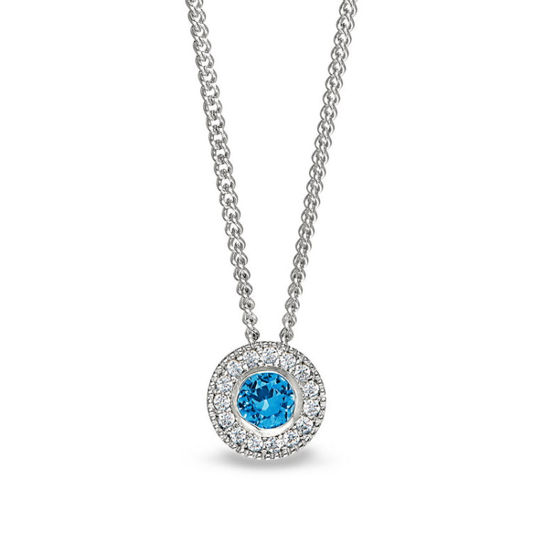 Platinum Finish Sterling Silver Round Simulated Blue Topaz Birth Gem Pendant  on 18" Curb Chain