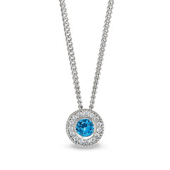 Platinum Finish Sterling Silver Round Simulated Blue Topaz Birth Gem Pendant  on 18" Curb Chain