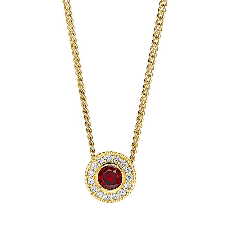 Gold micropave round simulated garnet birth gem pendant with simulated diamonds on 18 curb chain