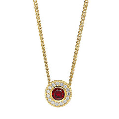 Gold micropave round simulated garnet birth gem pendant with simulated diamonds on 18 curb chain