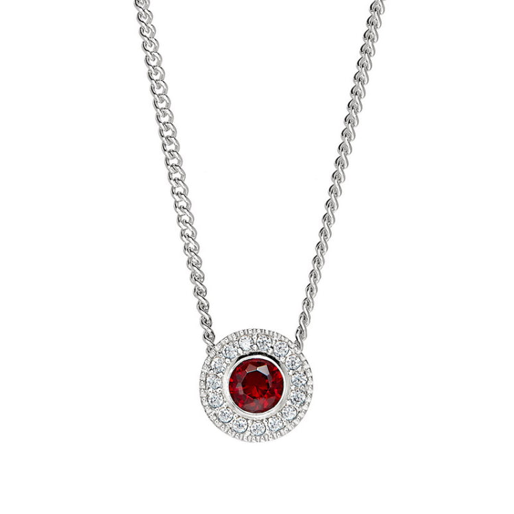 Platinum Finish Sterling Silver Round Simulated Garnet Birth Gem Pendant  on 18" Curb Chain