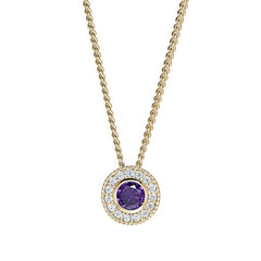 Gold micropave round simulated amethyst birth gem pendant with simulated diamonds on 18 curb chain